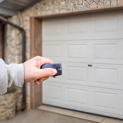 South Bend security key fob pointing to a garage door